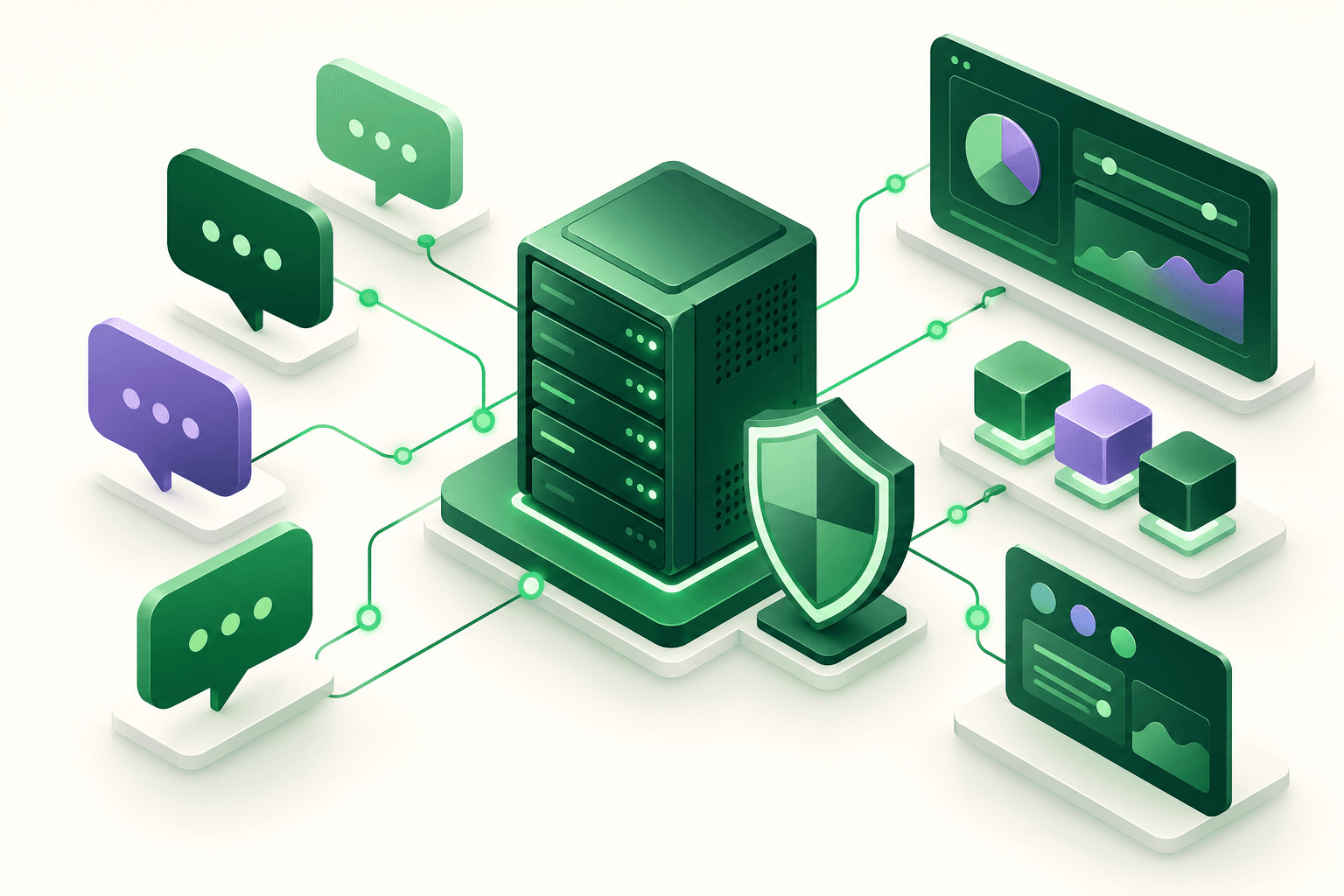Deep green and muted purple software modules connected by messaging paths on a light background.