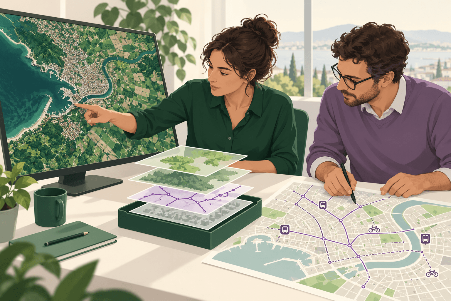 An analyst examines satellite imagery at a workstation beside a transport planner reviewing a city mobility map.