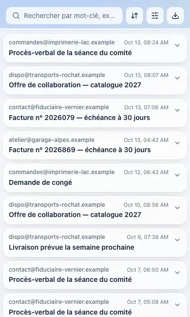 Archivia archived-email list displayed in a mobile browser