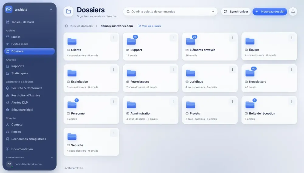 Archivia archived-email folders in its desktop demonstration