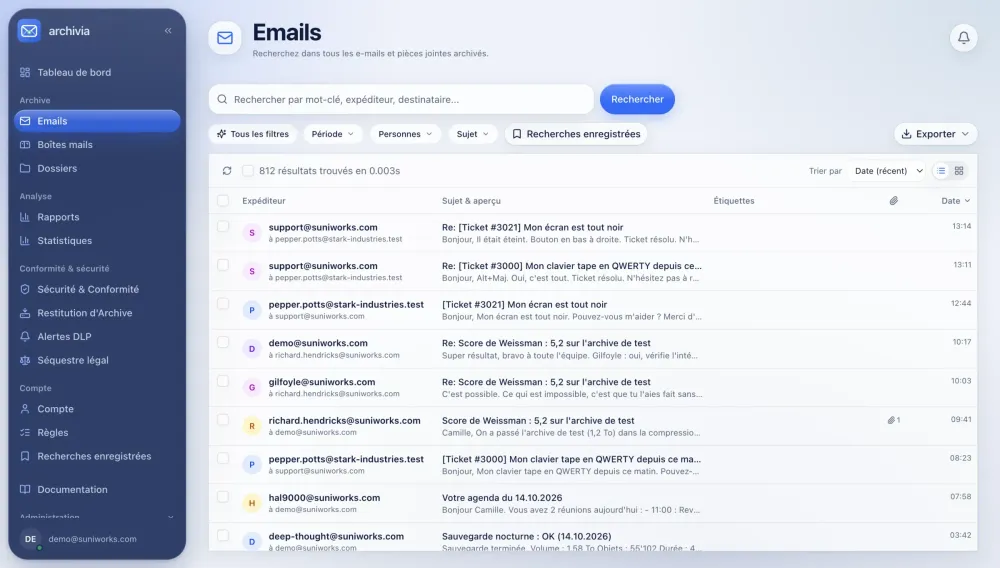 Archivia email search, filters and archived-message results