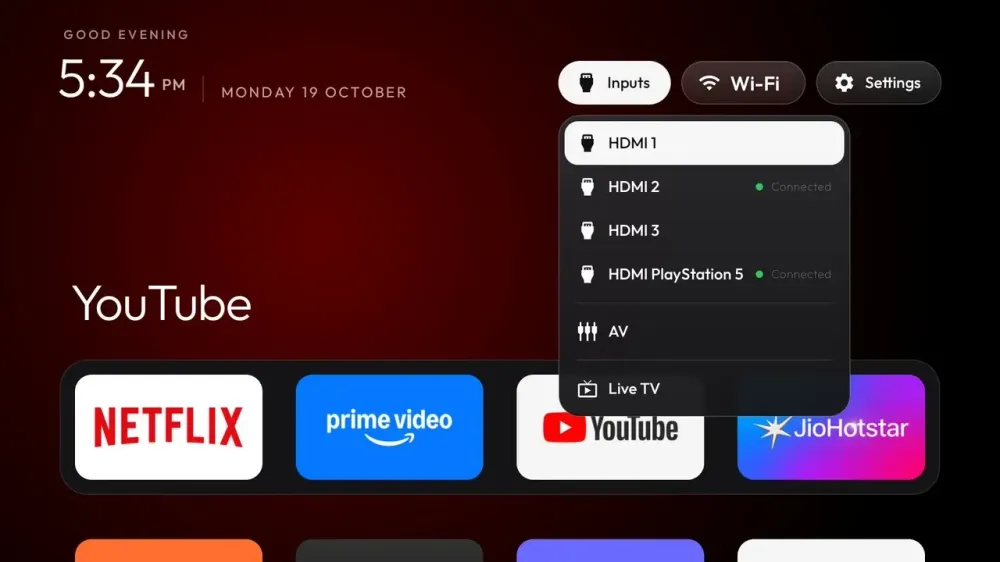 CleanYourTV input menu with television sources and HDMI inputs