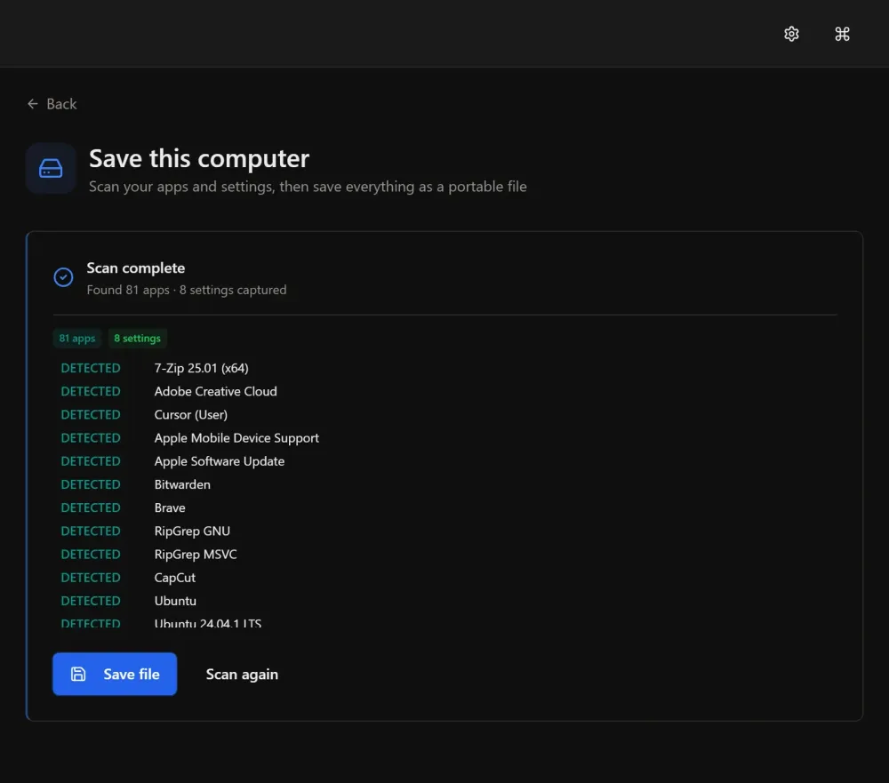 Endstate GUI scan results showing detected applications and captured settings