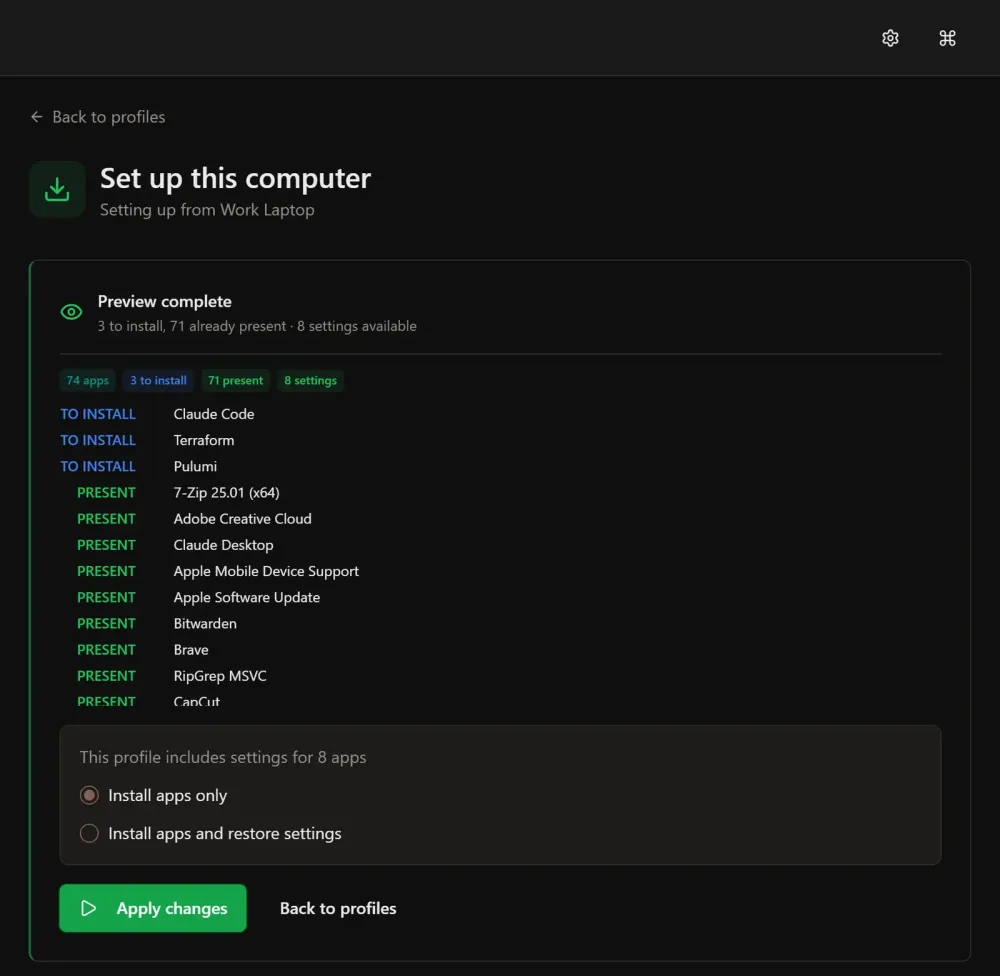 Endstate GUI preview showing applications to install and the optional settings restore