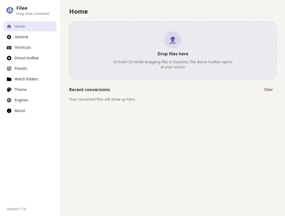 Filee home screen showing the drop zone, settings navigation and recent conversions