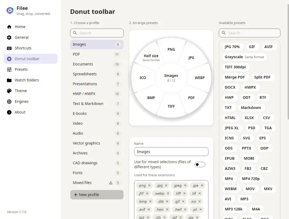 Filee toolbar editor for arranging conversion formats and presets