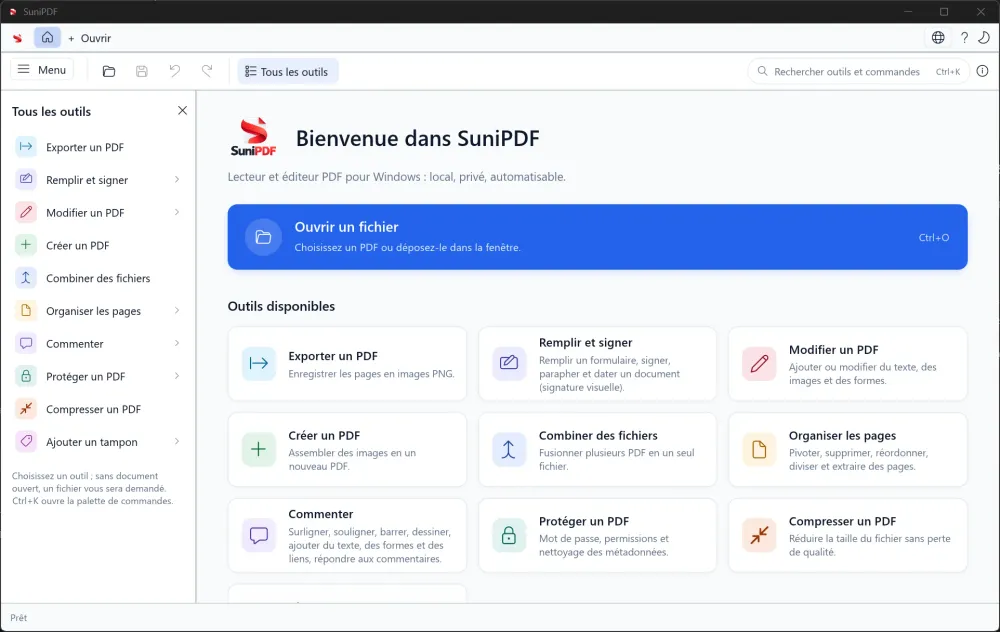 SuniPDF light-theme home screen with the All tools panel