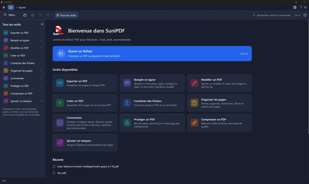 SuniPDF dark-theme home screen with PDF tools and recent documents