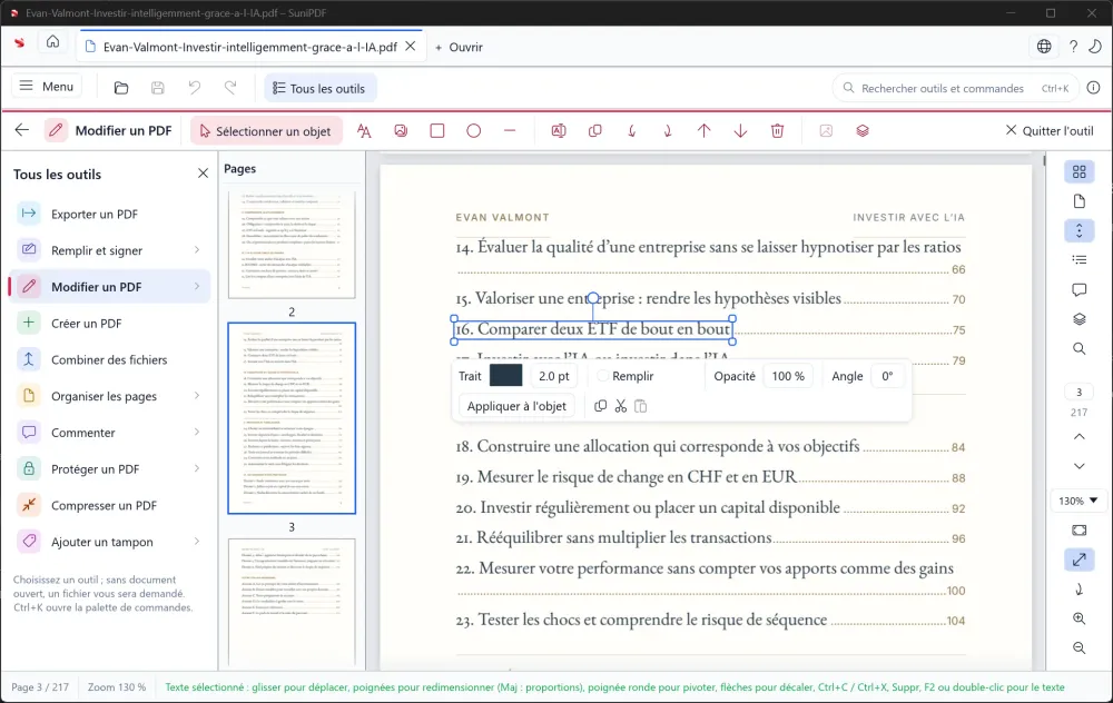 SuniPDF text-object selection with PDF editing controls