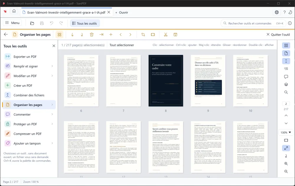 SuniPDF page-organization grid with thumbnails and page-reordering controls
