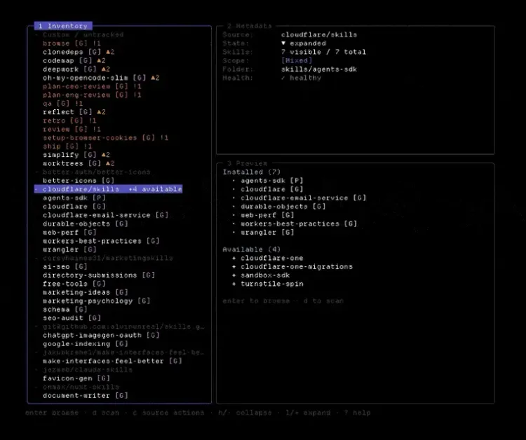 LazySkills source inventory showing installed and available skills