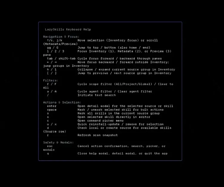 LazySkills keyboard help describing navigation, filters and actions