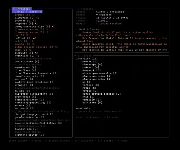 LazySkills terminal inventory with source metadata and installation health warnings