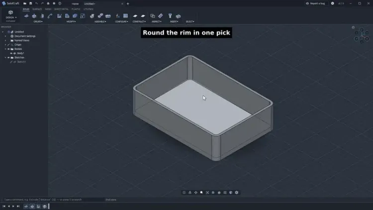 SolidCraft desktop interface with a modeled enclosure and editable timeline